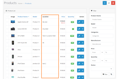 Location in Admin Product List for OpenCart 4