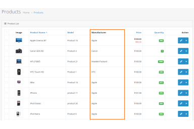 Manufacturer in Admin Product List for OpenCart 4