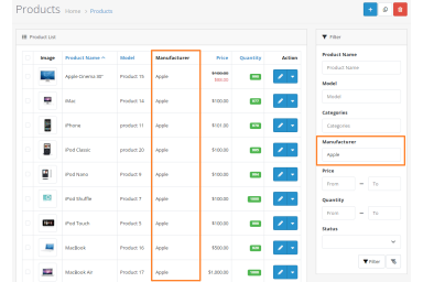 Manufacturer in Admin Product List for OpenCart 4